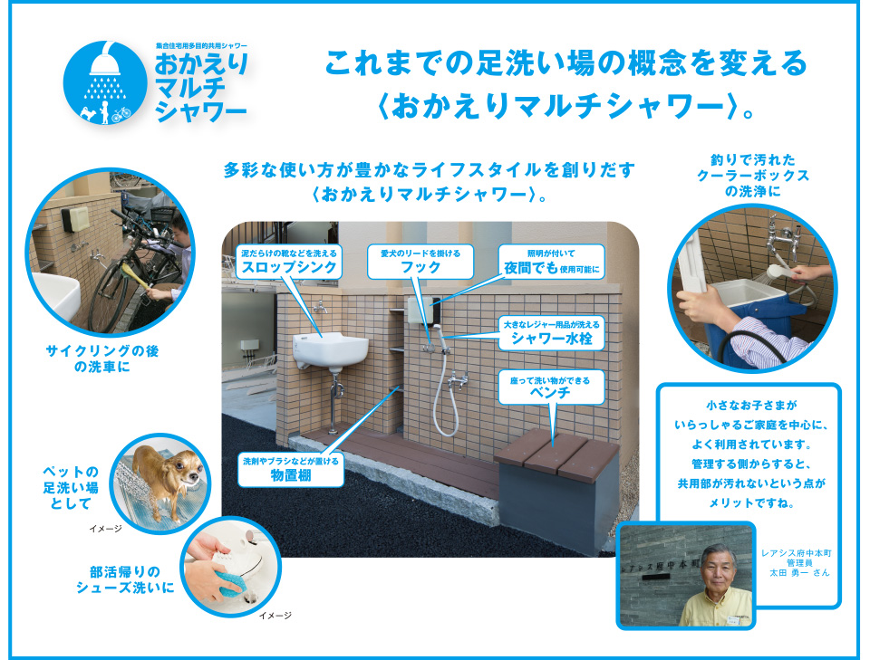 これまでの足洗い場の概念を変える〈おかえりマルチシャワー〉。