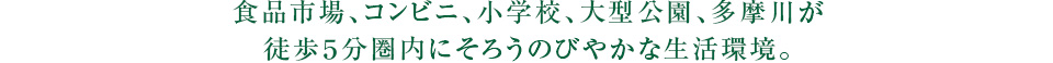 食品市場、コンビニ、小学校、大型公園、多摩川が徒歩5分圏内にそろうのびやかな生活環境。