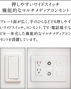 押しやすいワイドスイッチ機能的なマルチメディアコンセント。
          プレート面が広く、手のひらなどでも押しやすいワイドスイッチ。コンセント、TV・電話端子などを一体化した機能的なマルチメディアコンセントを設置しています。