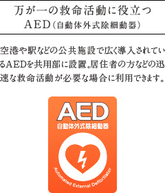 万が一の救命活動に役立つAED（自動体外式除細動器）。
          空港や駅などの公共施設で広く導入されているAEDを共用部に設置。居住者の方などの迅速な救命活動が必要な場合に利用できます。