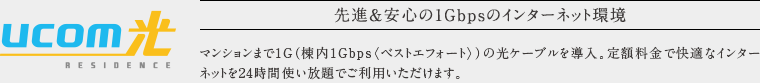 先進＆安心の1Gbpsのインターネット環境。
            マンションまで1G（棟内1Gbps〈ベストエフォート〉）の光ケーブルを導入。定額料金で快適なインターネットを24時間使い放題でご利用いただけます。