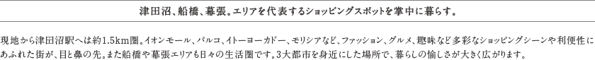 津田沼、船橋、幕張。エリアを代表するショッピングスポットを掌中に暮らす。現地から津田沼駅へは約1.5km圏。イオンモール、パルコ、イトーヨーカドー、モリシアなど、ファッション、グルメ、趣味など多彩なショッピングシーンや利便性にあふれた街が、目と鼻の先。また船橋や幕張エリアも日々の生活圏です。3大都市を身近にした場所で、暮らしの愉しさが大きく広がります。