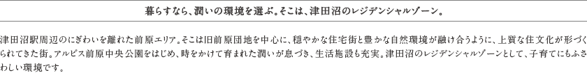 暮らすなら、潤いの環境を選ぶ。そこは、津田沼のレジデンシャルゾーン。津田沼駅周辺のにぎわいを離れた前原エリア。そこは旧前原団地を中心に、穏やかな住宅街と豊かな自然環境が融け合うように、上質な住文化が形づくられてきた街。アルビス前原中央公園をはじめ、時をかけて育まれた潤いが息づき、生活施設も充実。津田沼のレジデンシャルゾーンとして、子育てにもふさわしい環境です。