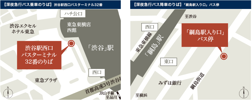 【深夜急行バス乗車乗り場】渋谷駅西口バスターミナル32番のりば 【深夜急行バス降車乗り場】｢綱島駅入り口」バス停 地図
